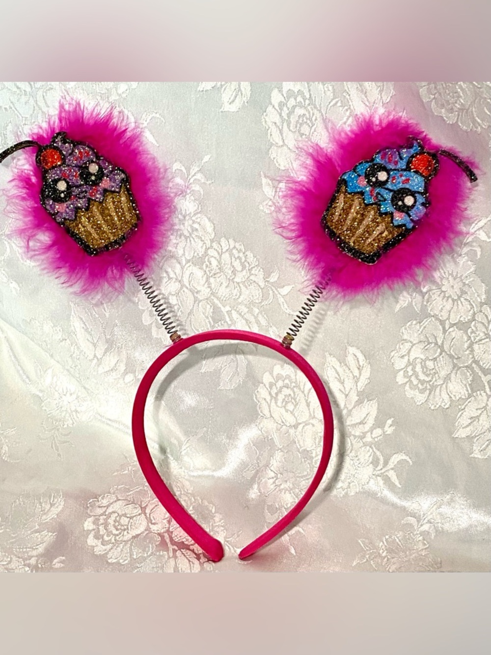 Cupcake Bopper Headband Glitter Fuzzy Pink Party Birthday Costume Accessory